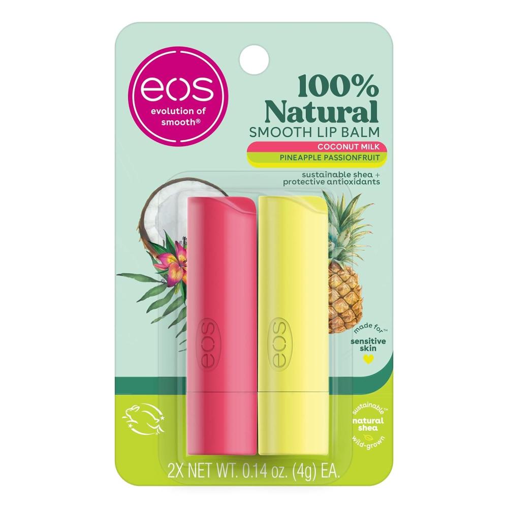 imageeos 100 Natural Lip Balm Watermelon Fros AllDay Moisture Lip Care Products 014 oz 2PackCoconut Milk  Pineapple Passionfruit