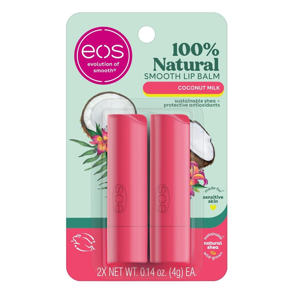 imageeos 100 Natural Lip Balm Watermelon Fros AllDay Moisture Lip Care Products 014 oz 2PackCoconut Milk
