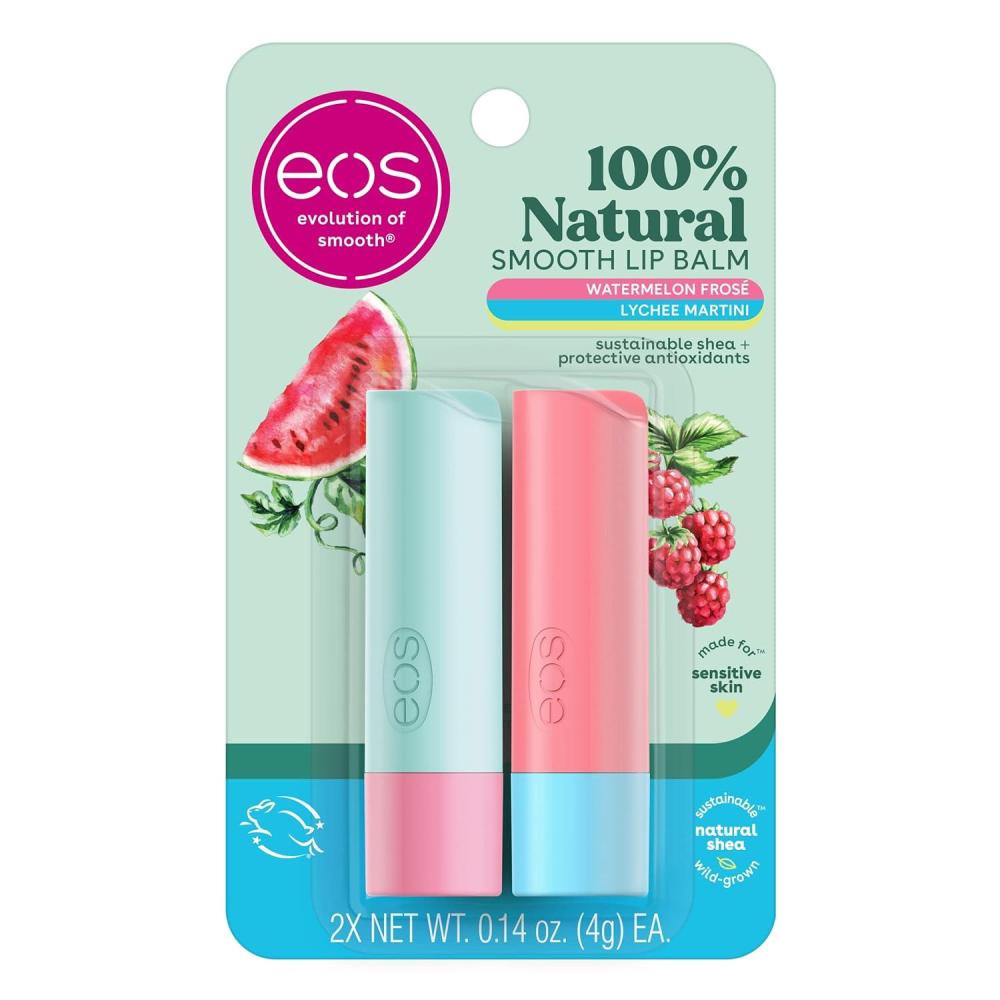 imageeos 100 Natural Lip Balm Watermelon Fros AllDay Moisture Lip Care Products 014 oz 2PackWatermelon Frose Lychee Martini
