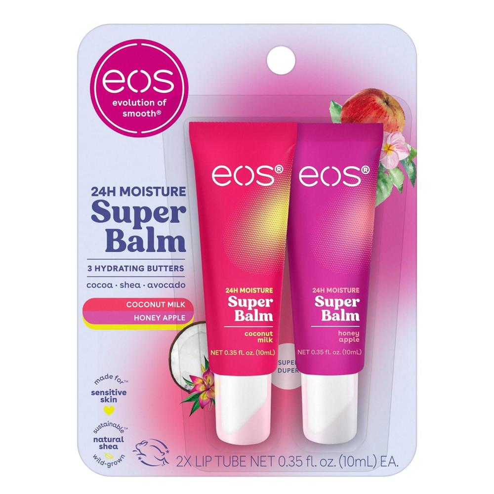imageeos 24H Moisture Super Balm Raspberry Kiwi Splash ampamp Strawberry Sorbet Lip Mask Day or Night Lip Treatment Made for Sensitive Skin 035 fl oz 2PackCoconut Milk  Honey Apple