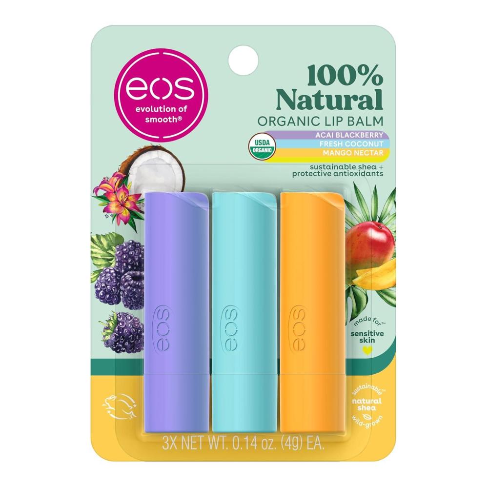 imageeos Natural Shea Lip balm  Acai Blackberry Fresh Coconut Mango Nectar eos lip balm AllDay Moisture Lip Care Shea Butter Moisturizing 014 oz 3Pack SticksTropical